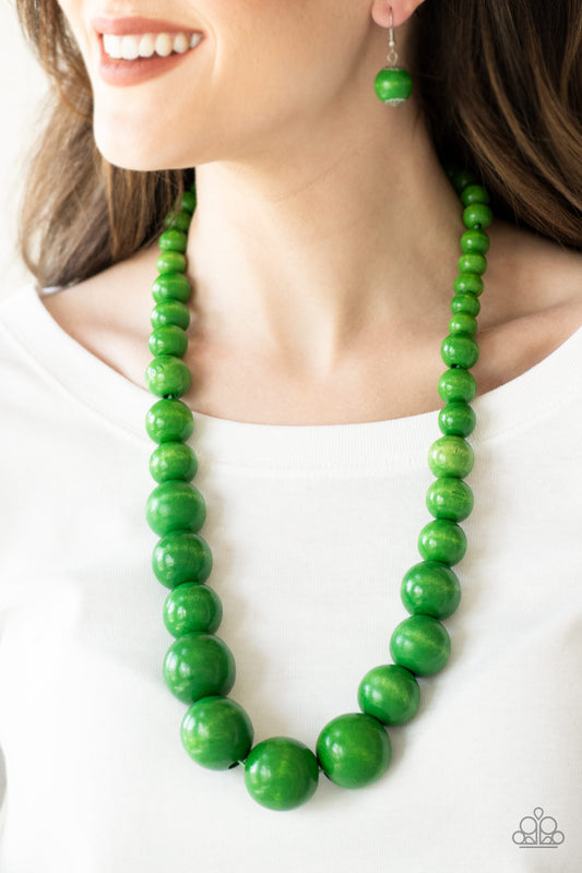 Paparazzi Effortlessly Everglades - Green Wooden Long Bead Necklace